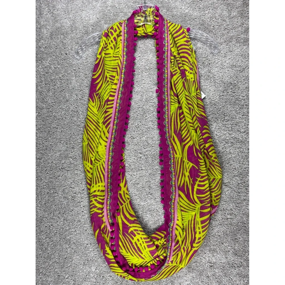 Vera Bradley‎ Palm Fronds Embellished Infinity Scarf Pink Lime Green Pom Pom NWT